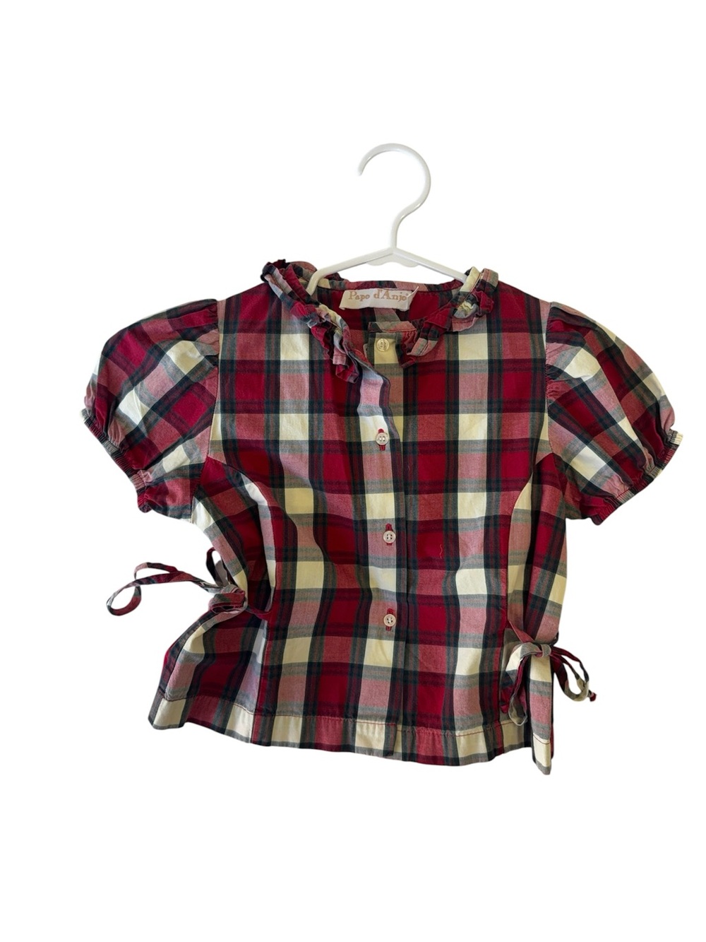 Papo d'Anjo Red and Cream Plaid Girl's Button-Up Top with Side Ties